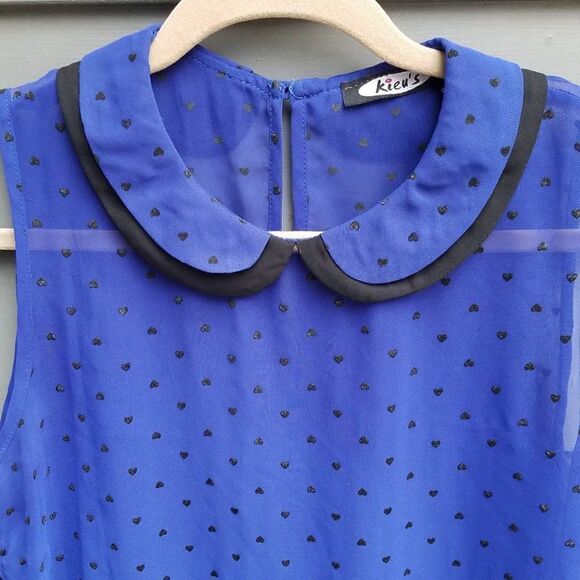Kieu's Sheer Colbalt Blue w/Black Hearts Blouse Peter Pan Collar Size Medium - Picture 6 of 6